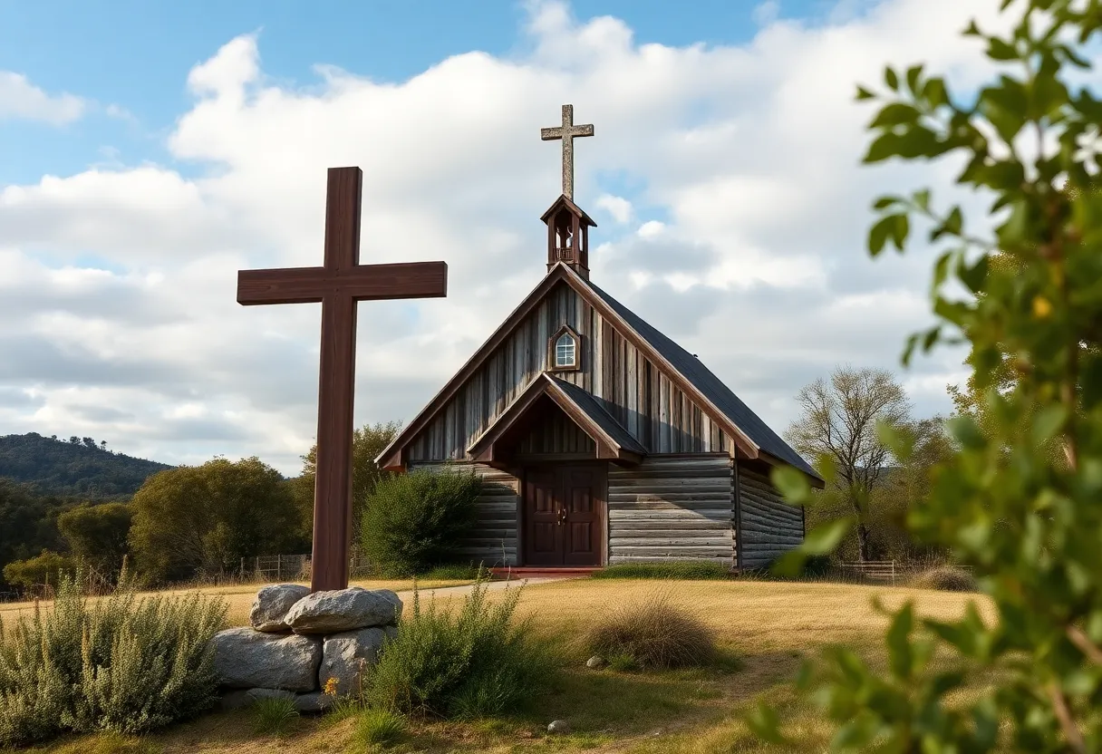 View of Pretty Place Chapel with the wooden cross prominently displayed.