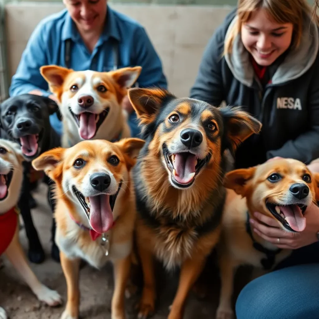 A group of rescued dogs being cared for by volunteers