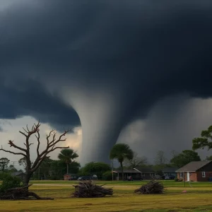 A tornado forming over a rural landscape during severe weather in Southern states.