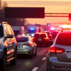 Police lights illuminating a busy interstate during a traffic stop