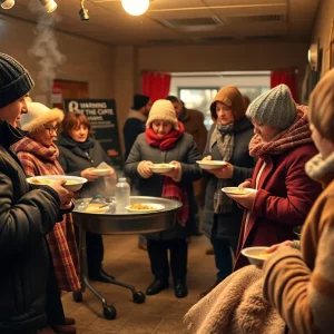 Community members receiving assistance at a warming center during cold weather.