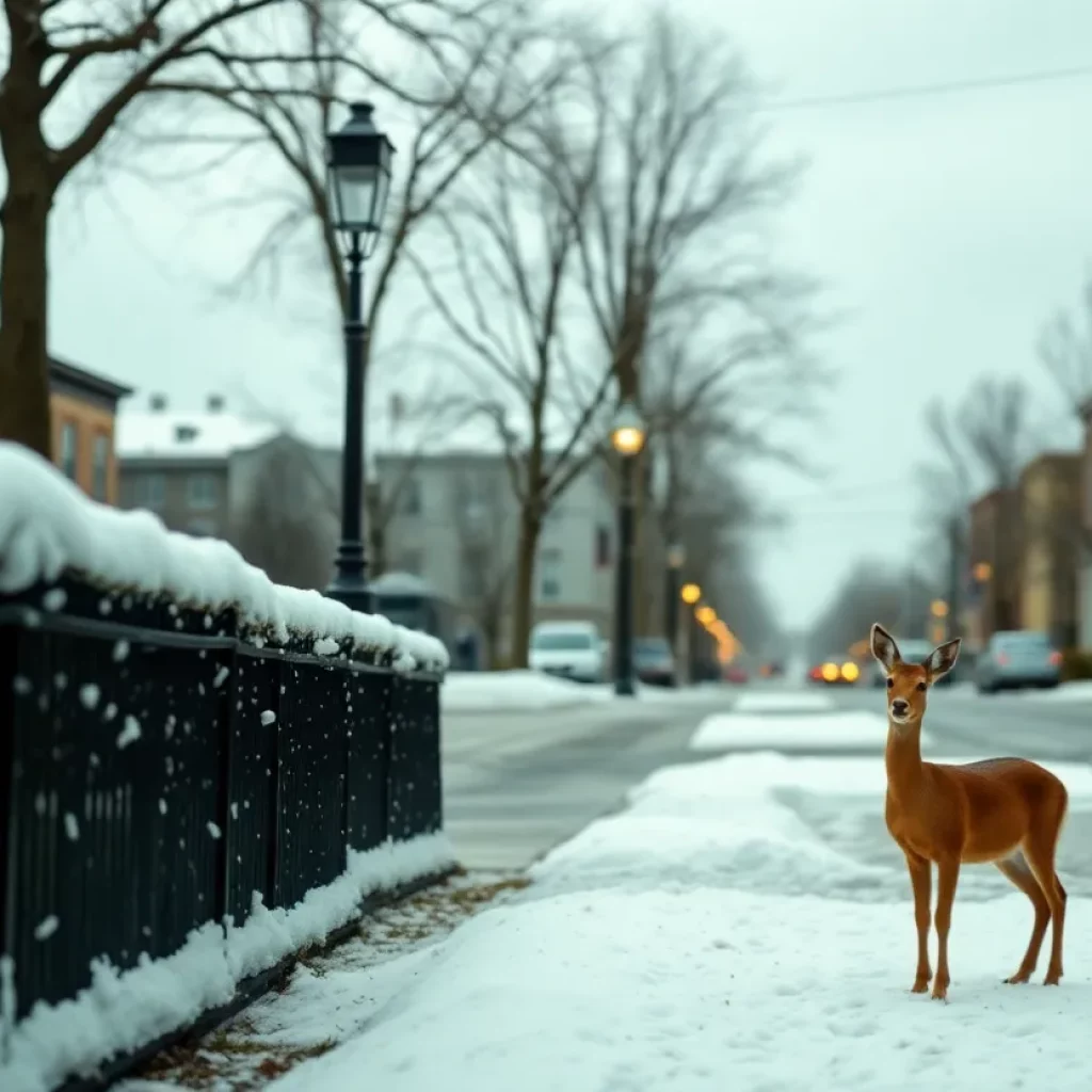 Snowy winter scene in Charleston with a doe