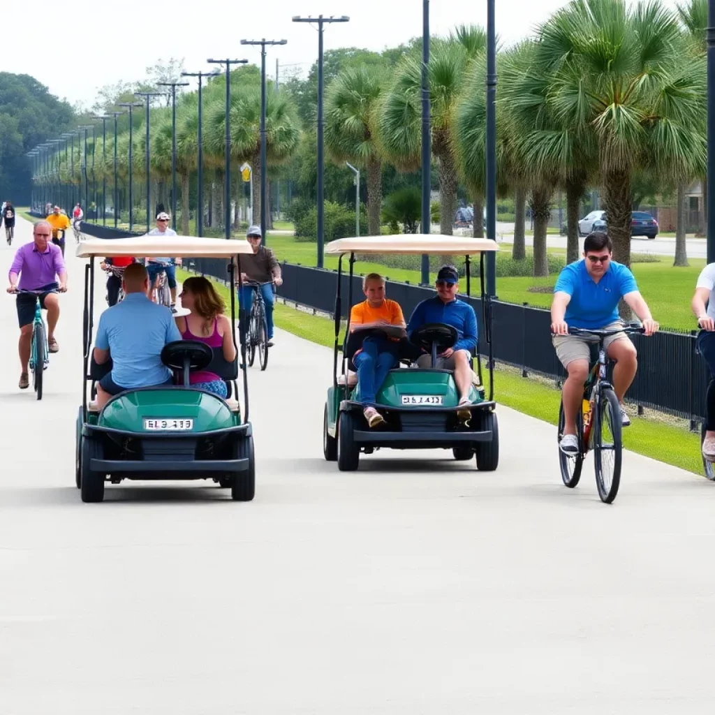 Families on a multi-use path in Charleston enjoying a sunny day with golf carts and bicycles.