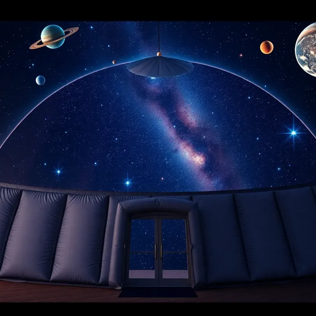 A stunning view of the Charleston Planetarium with a starry sky inside an inflatable dome.