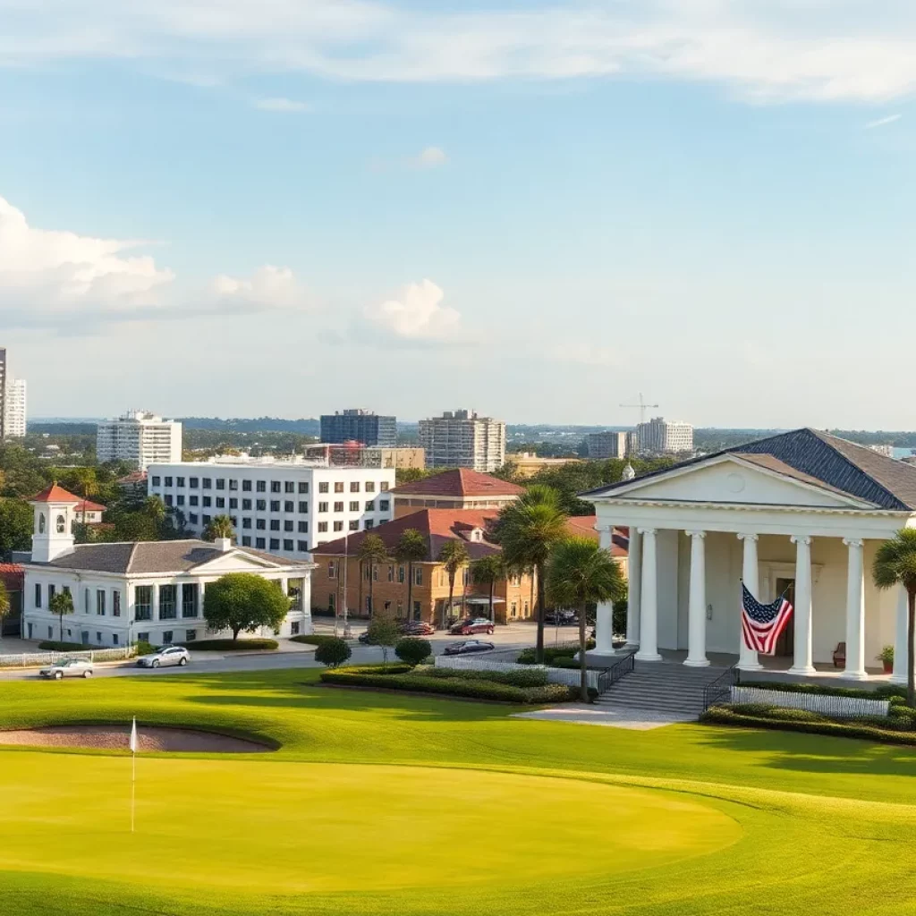 A view of Charleston during Presidents Day with a golf course and museum.