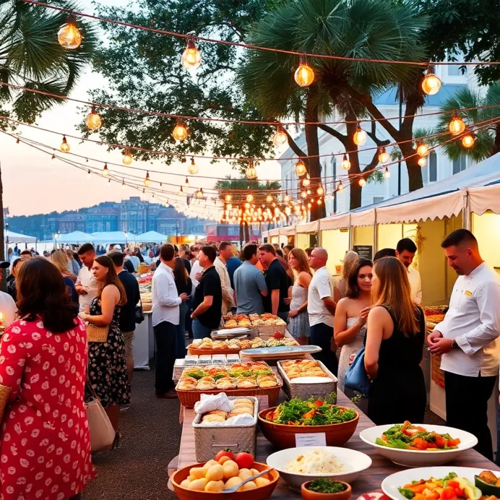 Attendees enjoying the Charleston Wine + Food Festival, featuring stunning food displays and chefs at work.