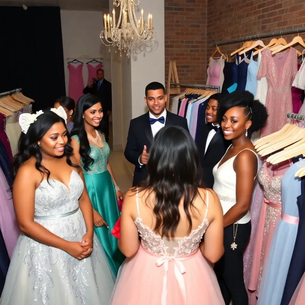 Students shopping for prom attire at the Cinderella and Prince Charming Project boutique