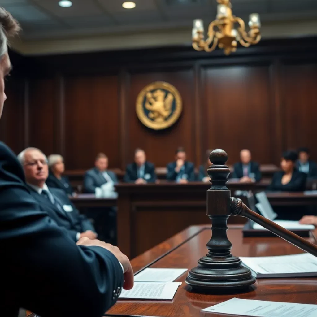 A courtroom during a sentencing hearing.