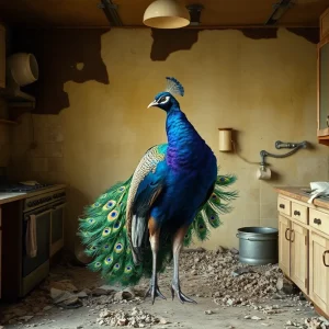 Peacock in abandoned kitchen artwork