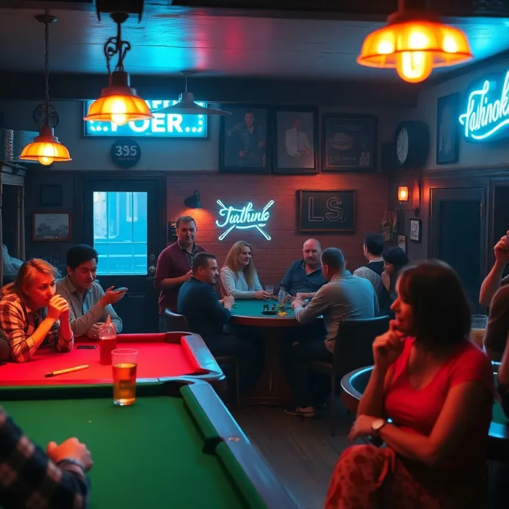 The interior of a neighborhood bar with patrons engaged in various activities.