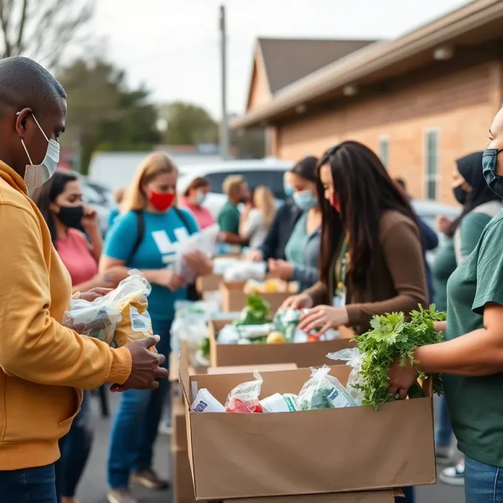 Community members participating in a grocery distribution event in North Charleston.