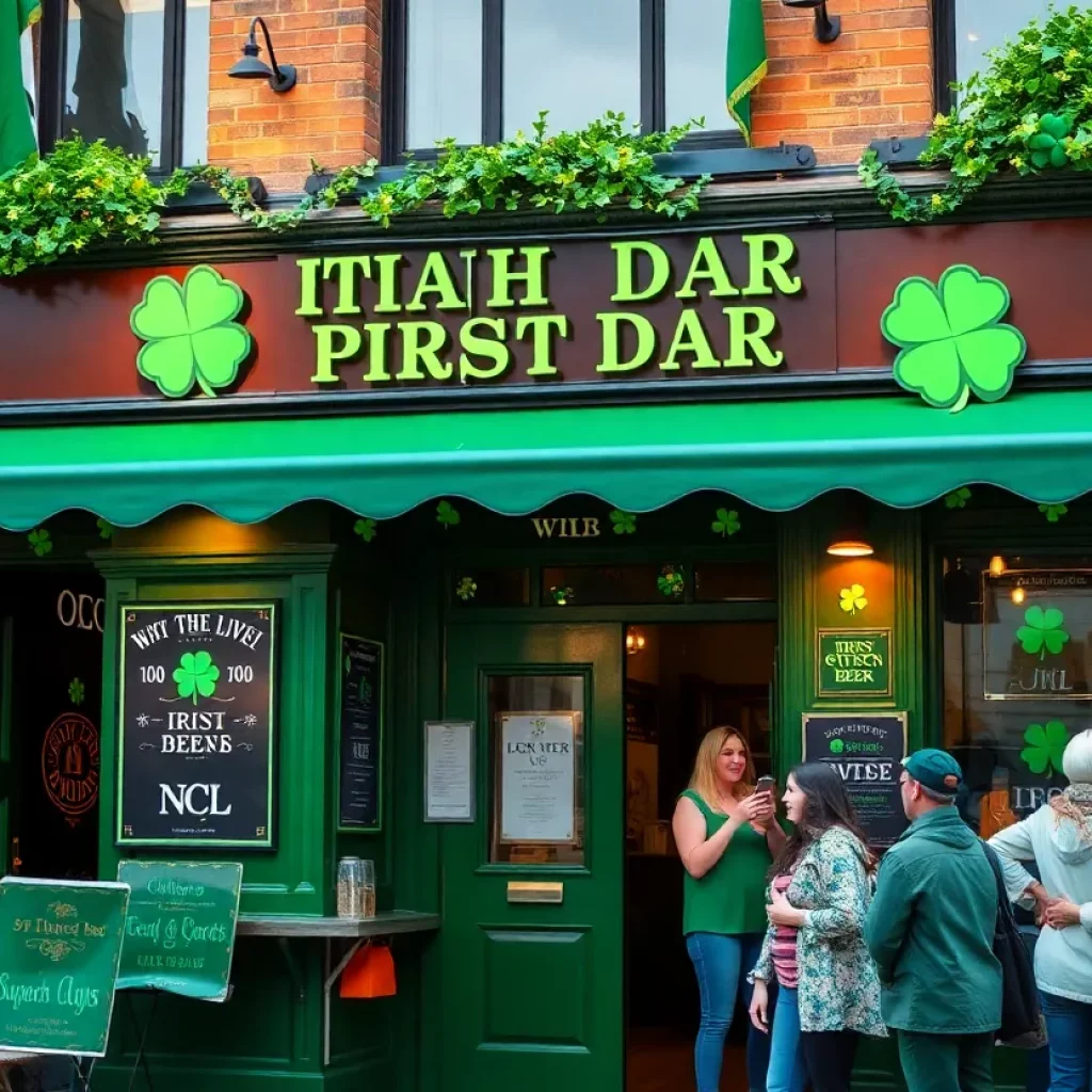 Exterior view of Bumpa's Irish Pub decorated for St. Patrick's Day in Charleston.