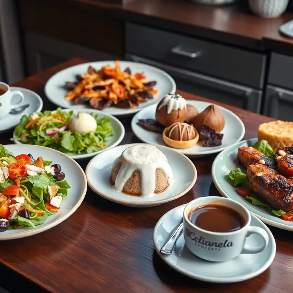 A spread of delicious meals and coffee representing Charleston cafes.