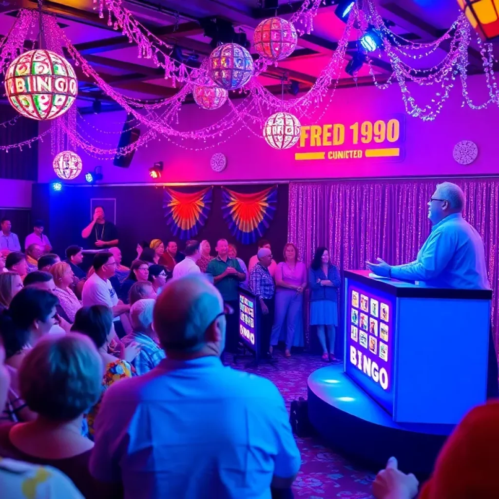 Crowd enjoying Charleston Gay Bingo event with vibrant decorations