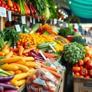 Farmers market with grocery items reflecting rising prices in Charleston.