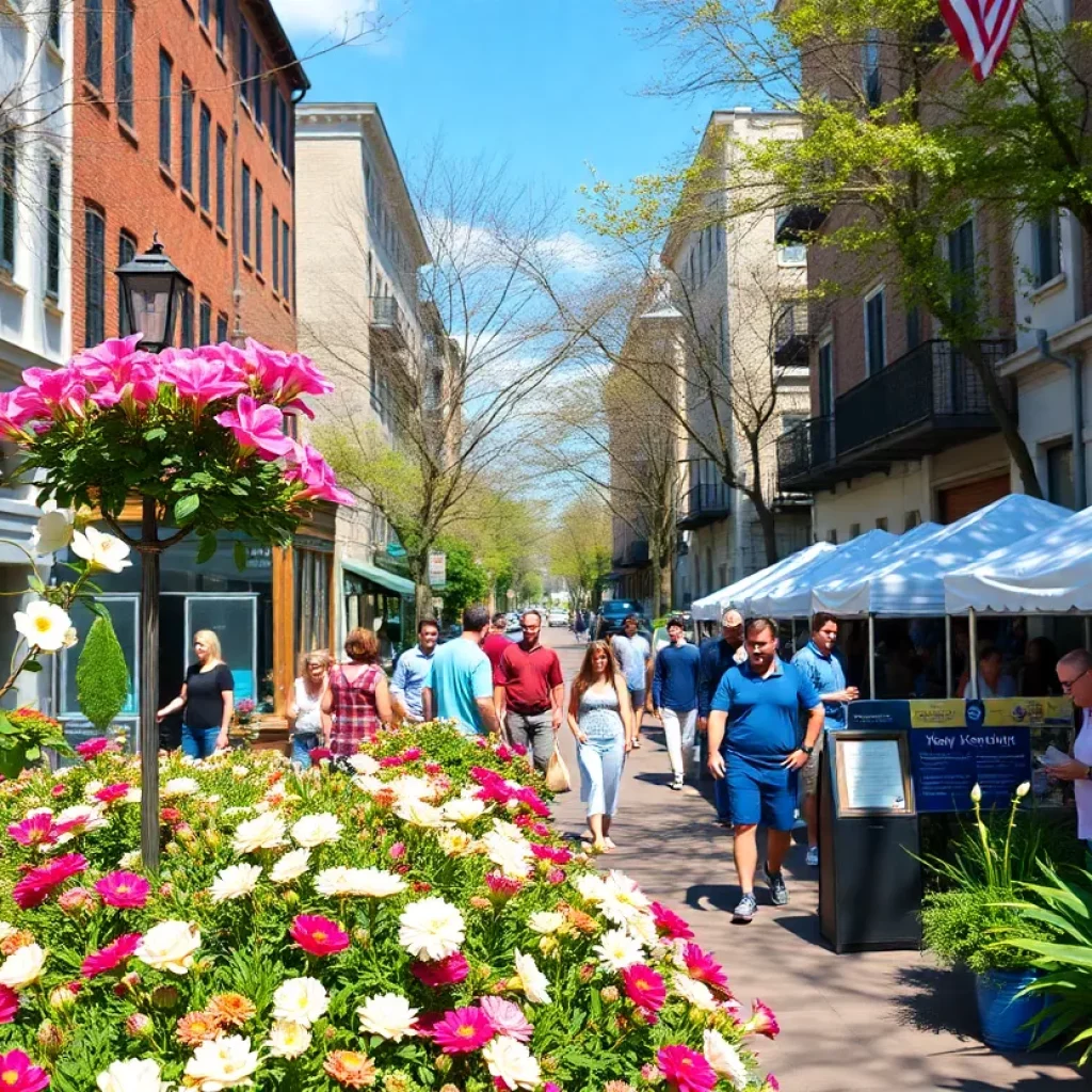 Colorful Charleston street with blooming flowers and festival activities