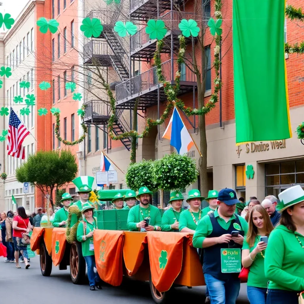 Crowd celebrating St. Patrick's Day in Charleston with festive decorations