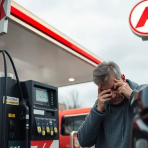 Customer examining vehicle after refueling at Circle K