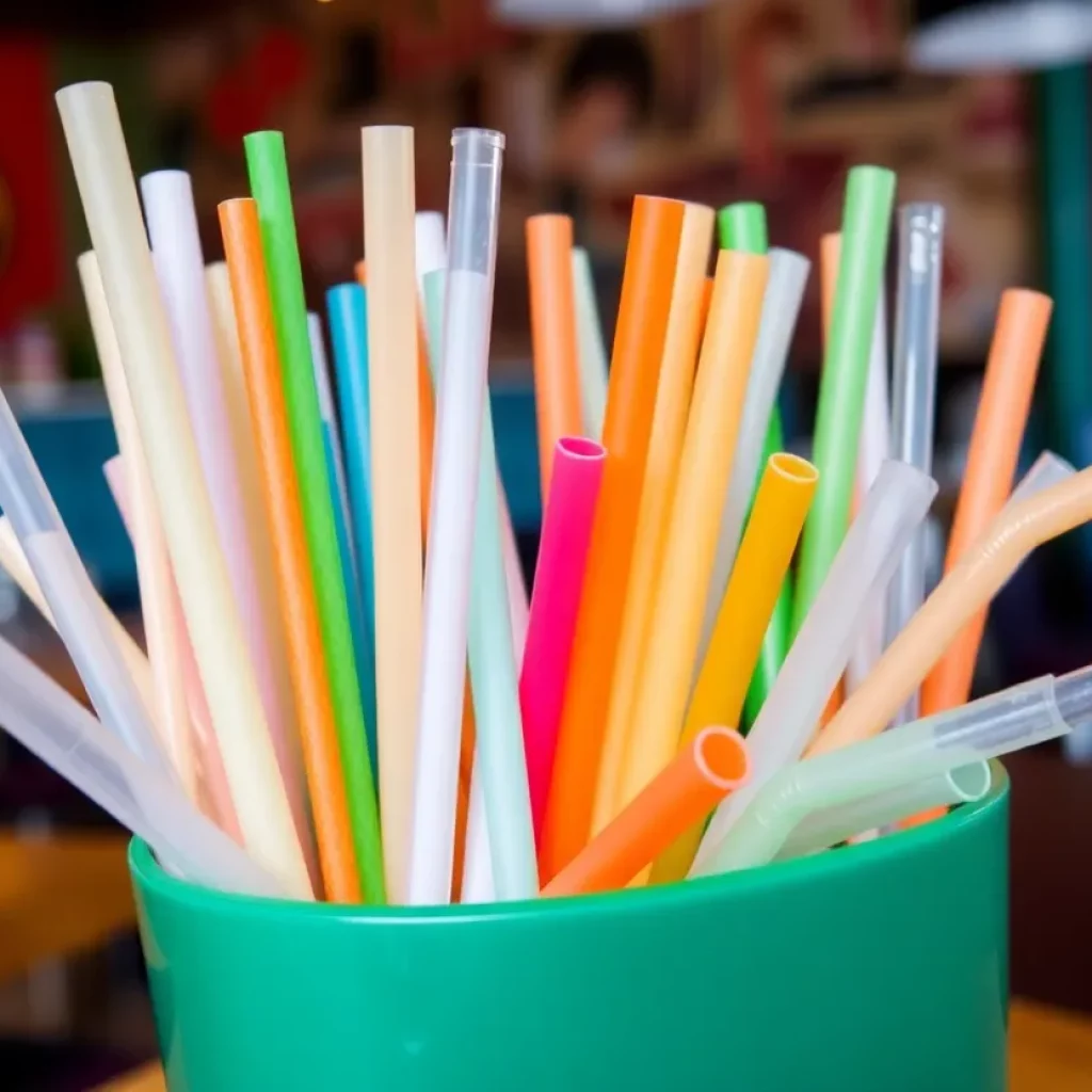 A variety of compostable straws on a table at a restaurant.