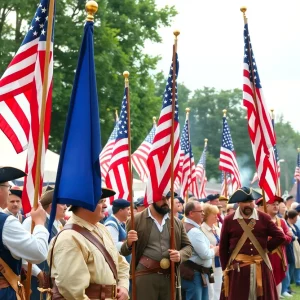 Reenactment of Lafayette Day in Charleston with participants in historical attire.