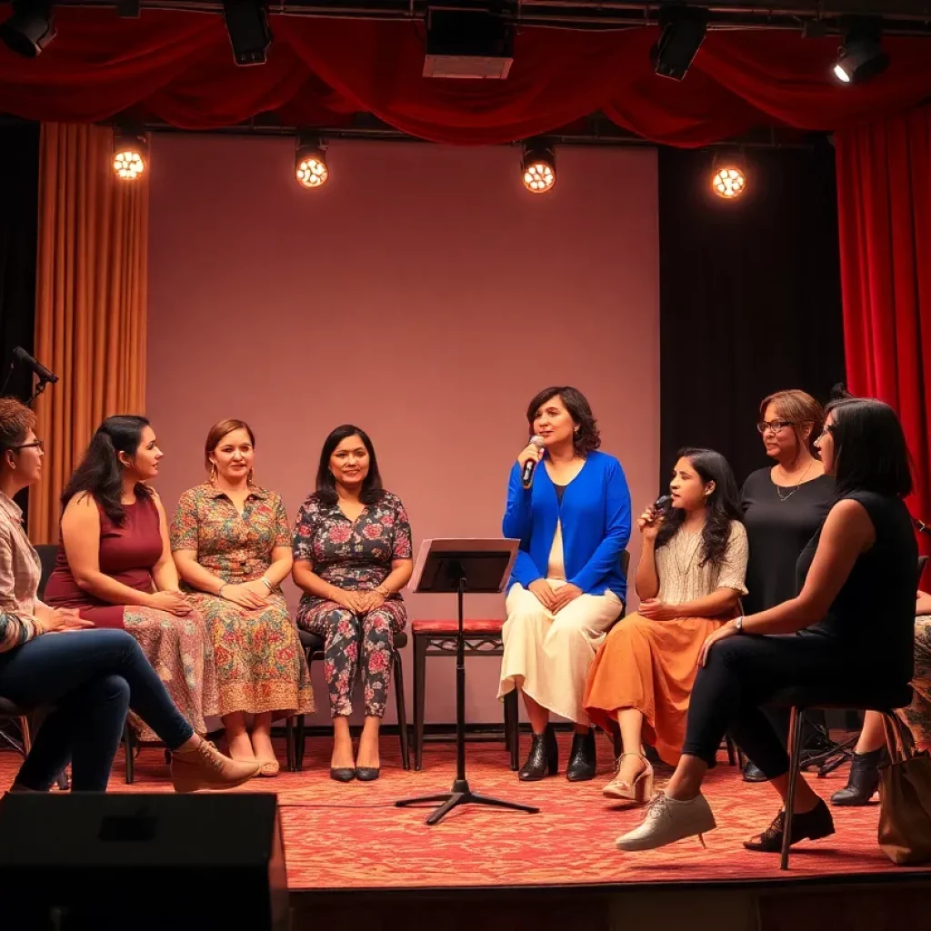 An artistic representation of a diverse group of women performing at a theater.