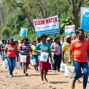 Participants walking in the Walk for Water event in North Charleston, carrying buckets.