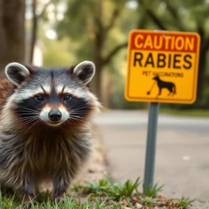 Caution sign about rabid raccoon in Charleston neighborhood