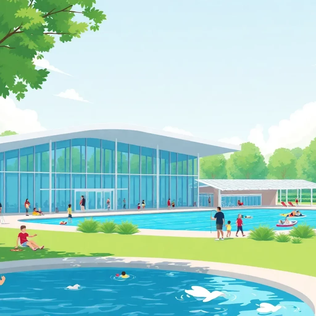 Rendering of a new recreation center and aquatics facility